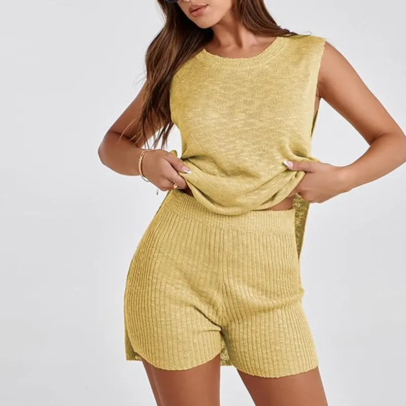 2pcs Women's  Knitting Suit Summer Loose Round Neck