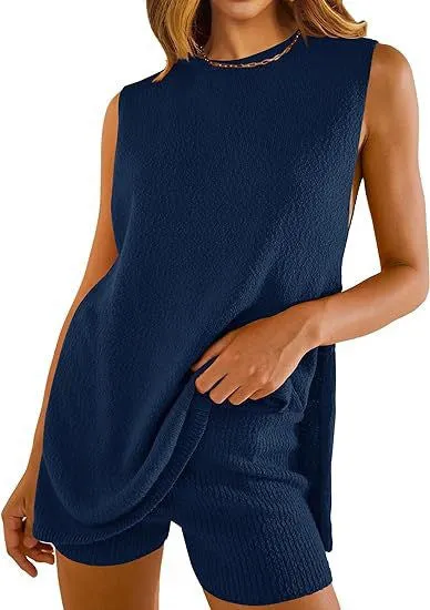 2pcs Women's  Knitting Suit Summer Loose Round Neck
