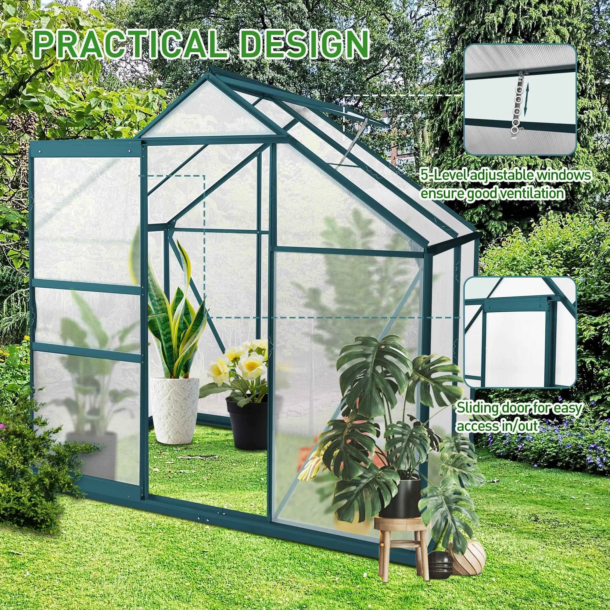 6'x 4' Walk-in Polycarbonate Greenhouse Aluminum Heavy Duty Greenhouse Kit for Backyard Use in Winter