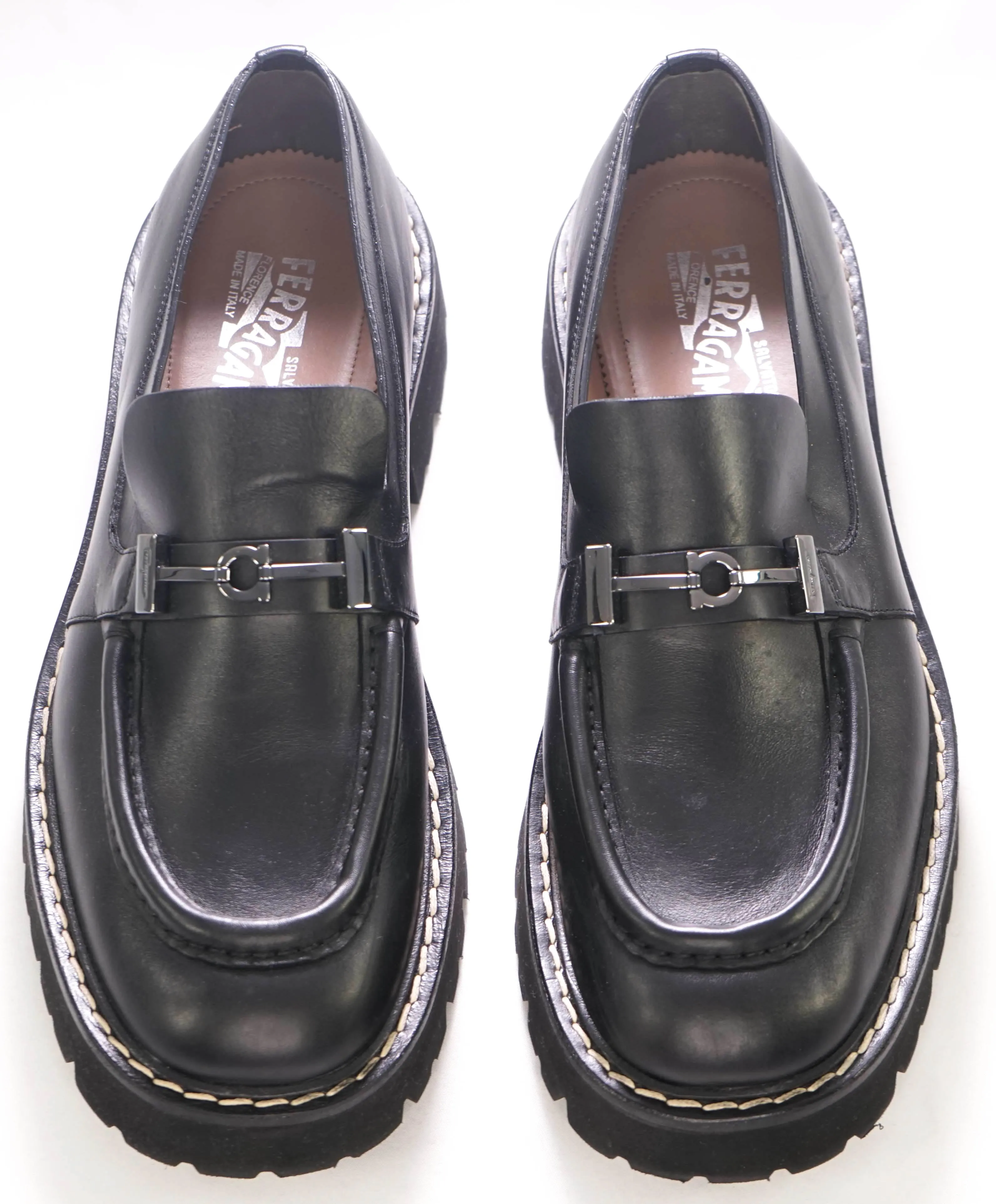 $930 SALVATORE FERRAGAMO - *GANCINI* Black Leather Lug Sole Loafer - 12 US