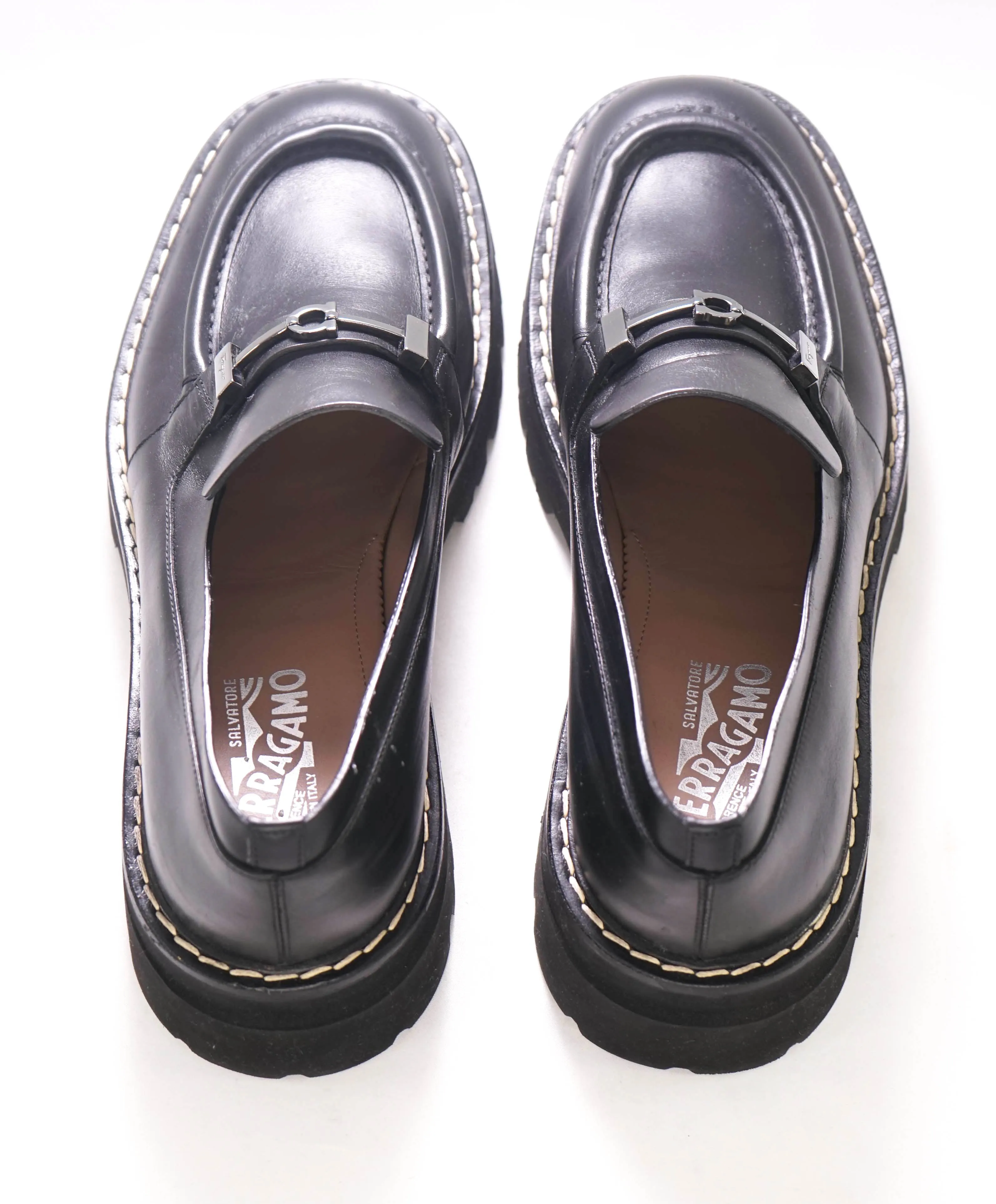 $930 SALVATORE FERRAGAMO - *GANCINI* Black Leather Lug Sole Loafer - 12 US