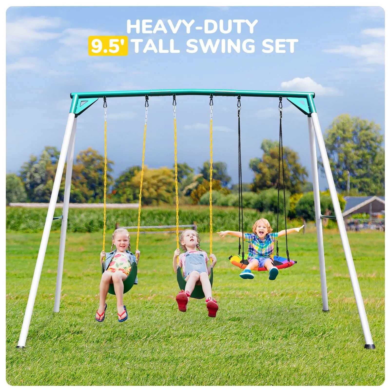 9.5' Heavy Duty Metal Swing Set White