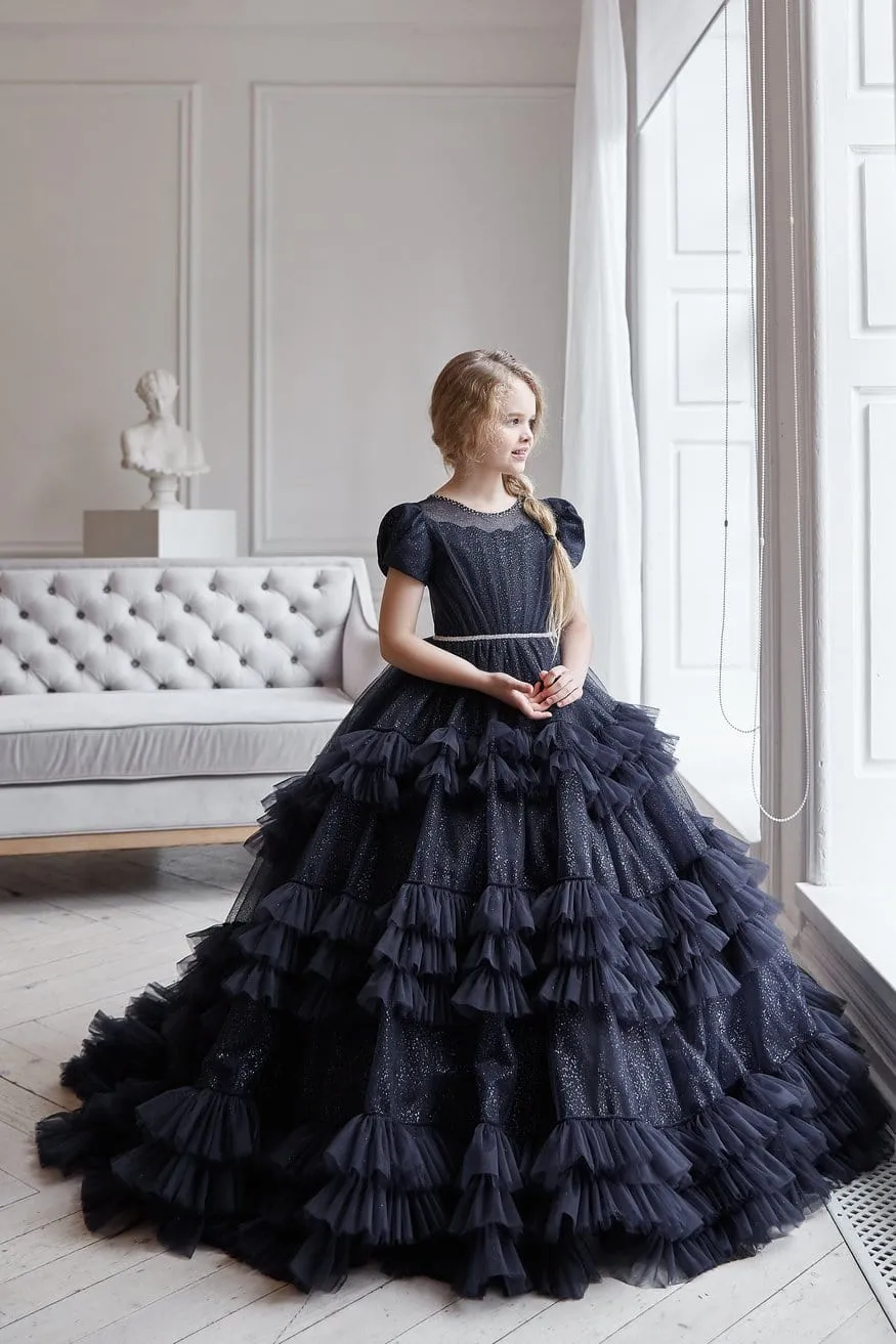 AB054 Long Black Flower Girl Dress