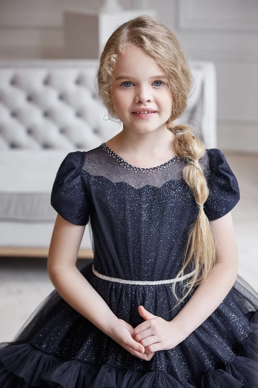 AB054 Long Black Flower Girl Dress