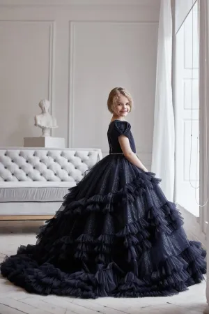 AB054 Long Black Flower Girl Dress