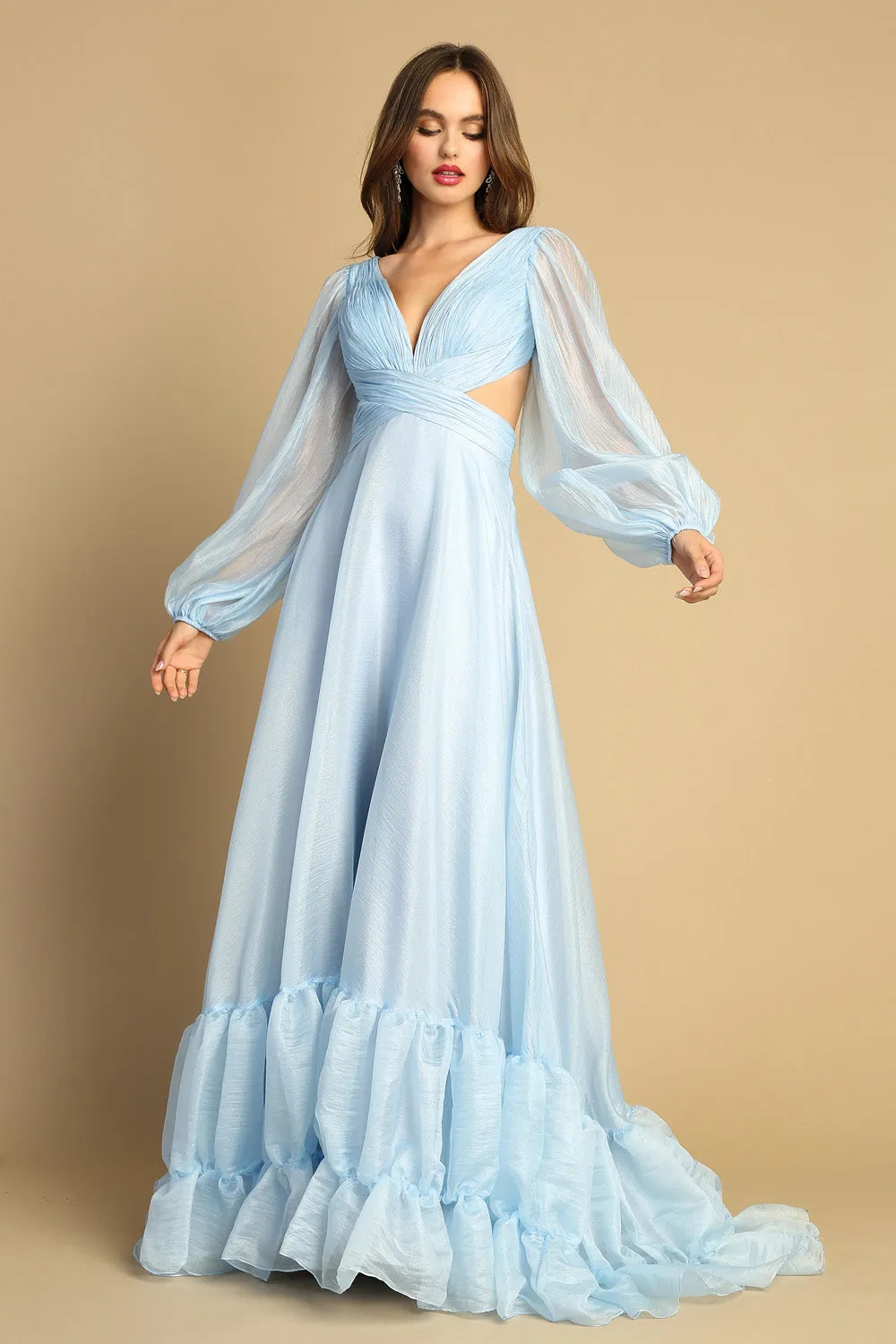 AD 3149 - Long Sleeve Flowy A-Line Formal Gown with Pleated Bodice Cut Out Sides & Open Lace Up Corset Back