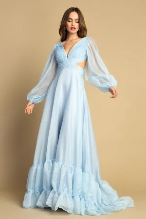 AD 3149 - Long Sleeve Flowy A-Line Formal Gown with Pleated Bodice Cut Out Sides & Open Lace Up Corset Back