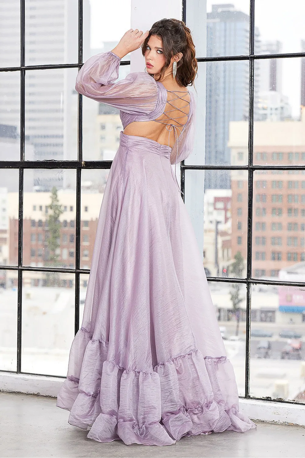 AD 3149 - Long Sleeve Flowy A-Line Formal Gown with Pleated Bodice Cut Out Sides & Open Lace Up Corset Back