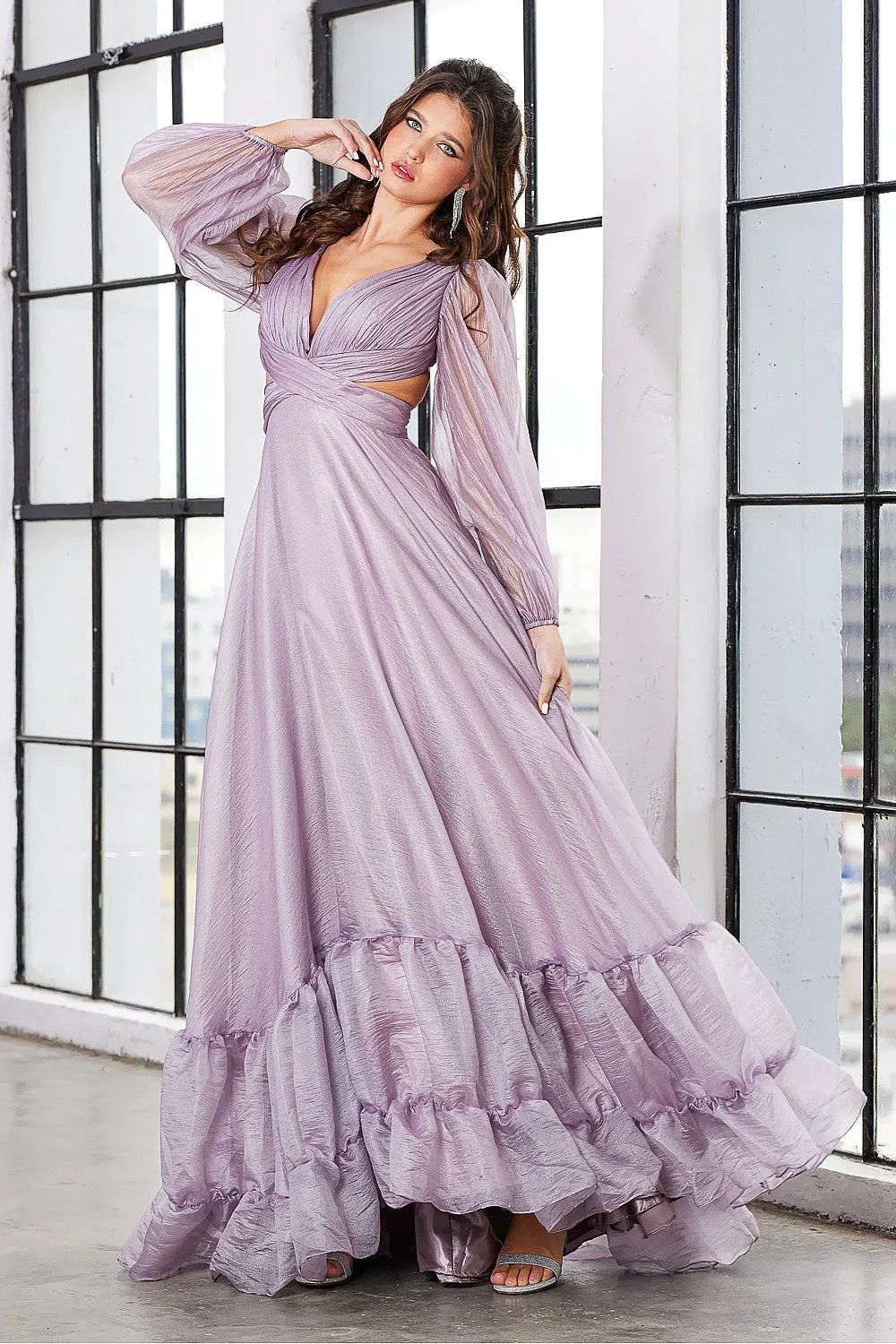 AD 3149 - Long Sleeve Flowy A-Line Formal Gown with Pleated Bodice Cut Out Sides & Open Lace Up Corset Back
