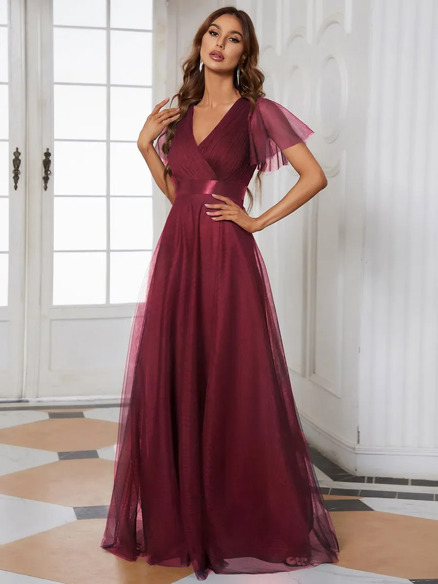 Alma flutter sleeve bridesmaid gown in burgundy Express NZ wide