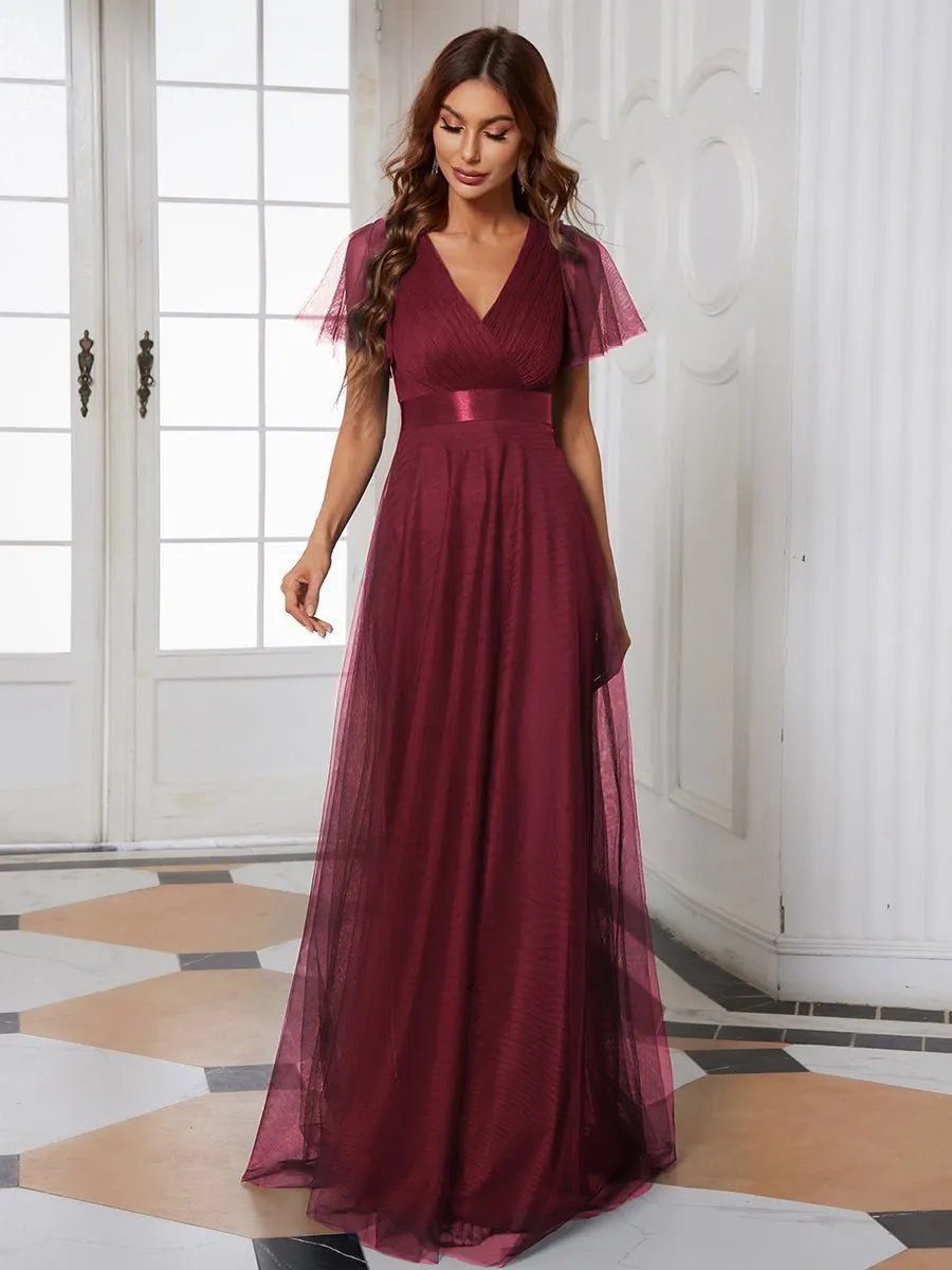 Alma flutter sleeve bridesmaid gown in burgundy Express NZ wide