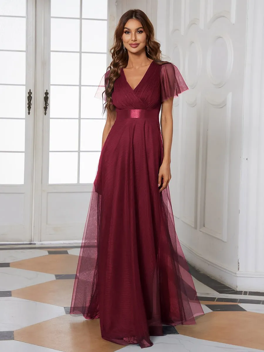 Alma flutter sleeve bridesmaid gown in burgundy Express NZ wide
