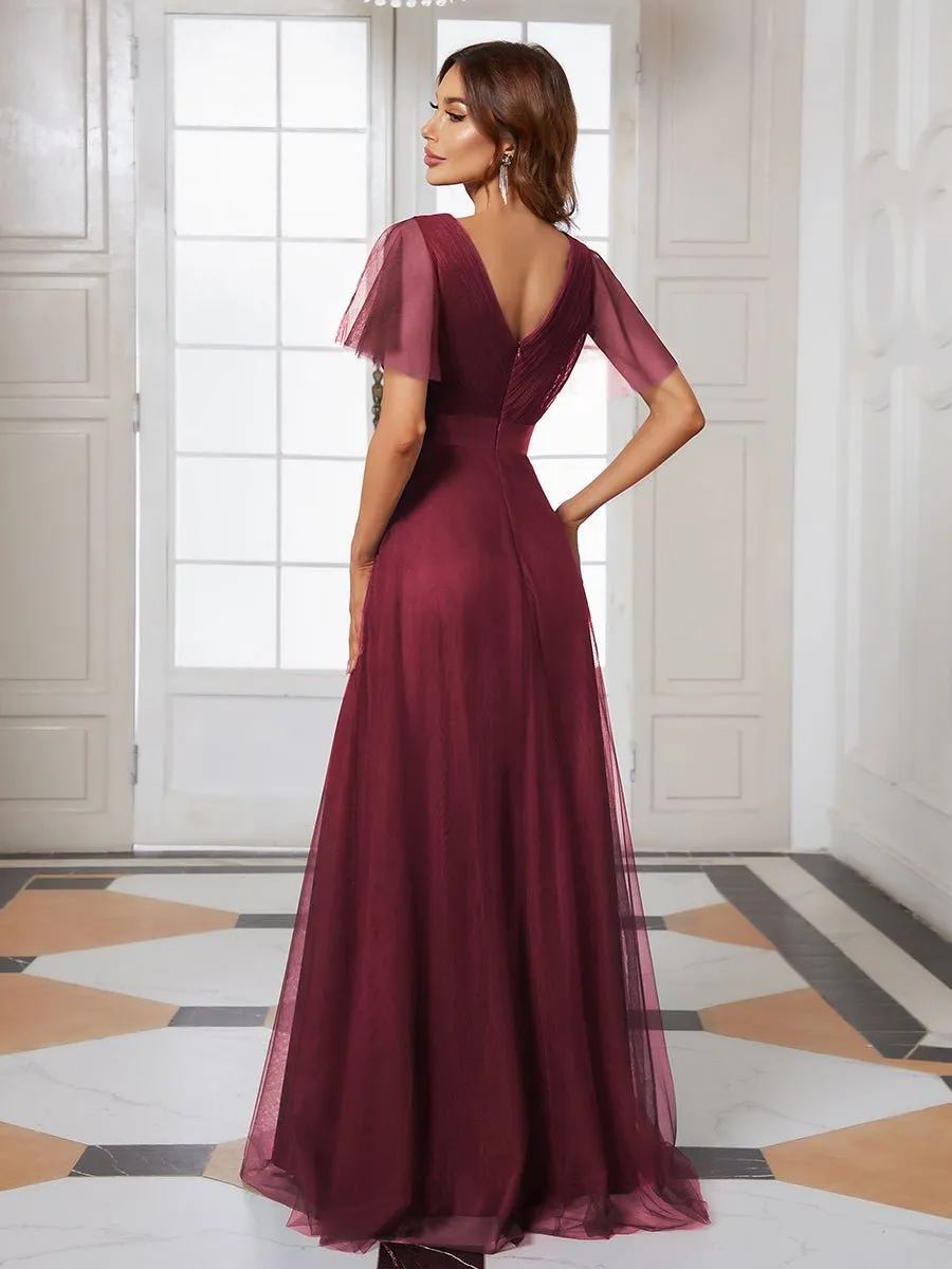 Alma flutter sleeve bridesmaid gown in burgundy Express NZ wide