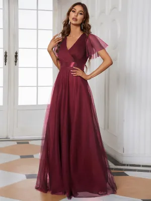 Alma flutter sleeve bridesmaid gown in burgundy Express NZ wide