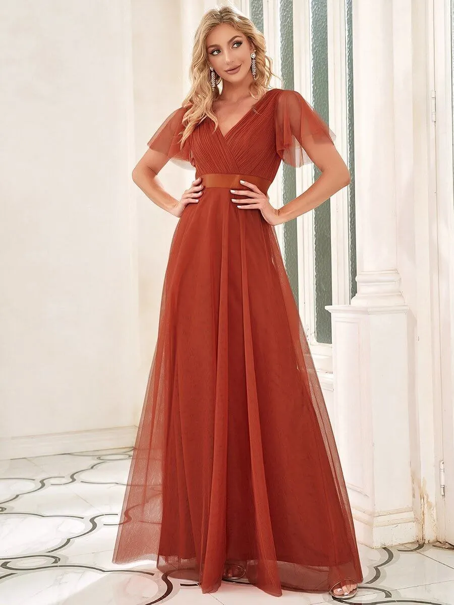 Alma flutter sleeve tulle bridesmaid gown in burnt orange s24 Express NZ wide