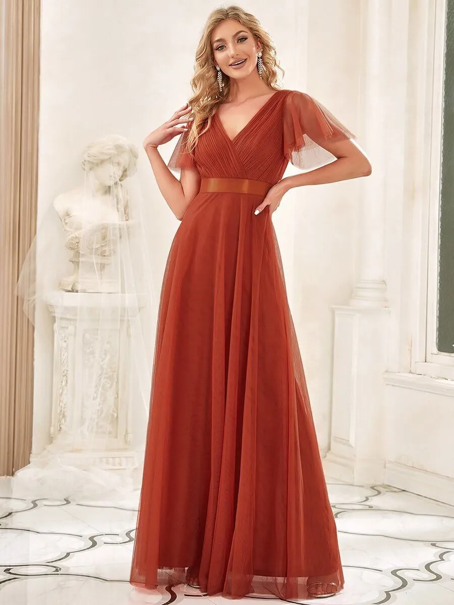 Alma flutter sleeve tulle bridesmaid gown in burnt orange s24 Express NZ wide