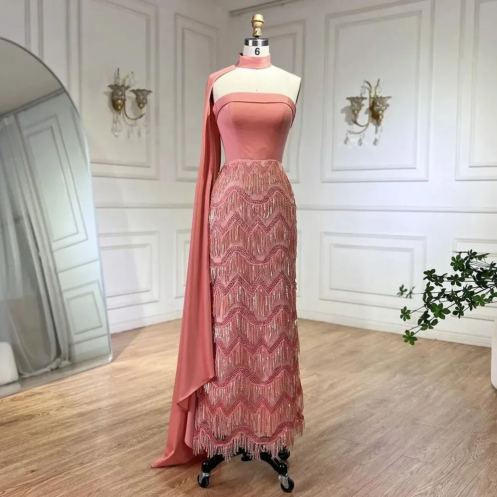 Ankle-Length Mermaid Dress with Long Cloak - A Beaded Ensemble for Women