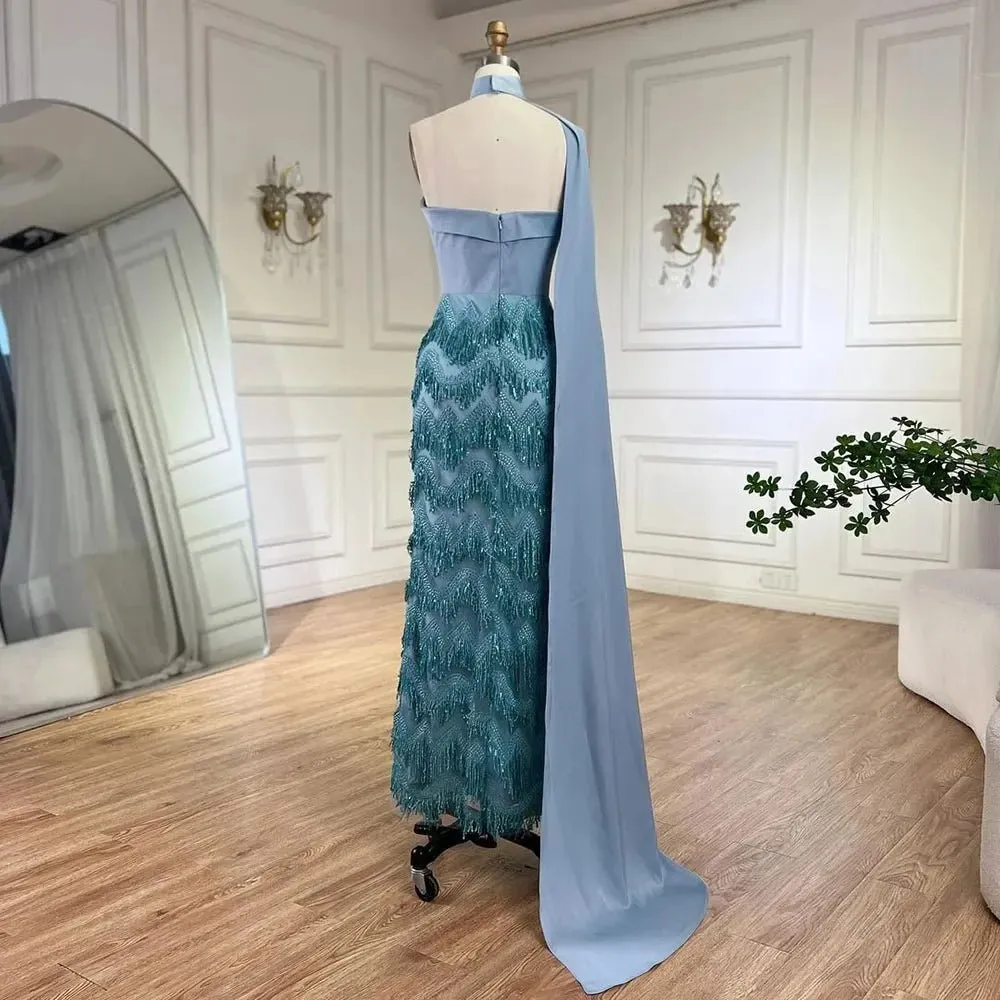 Ankle-Length Mermaid Dress with Long Cloak - A Beaded Ensemble for Women