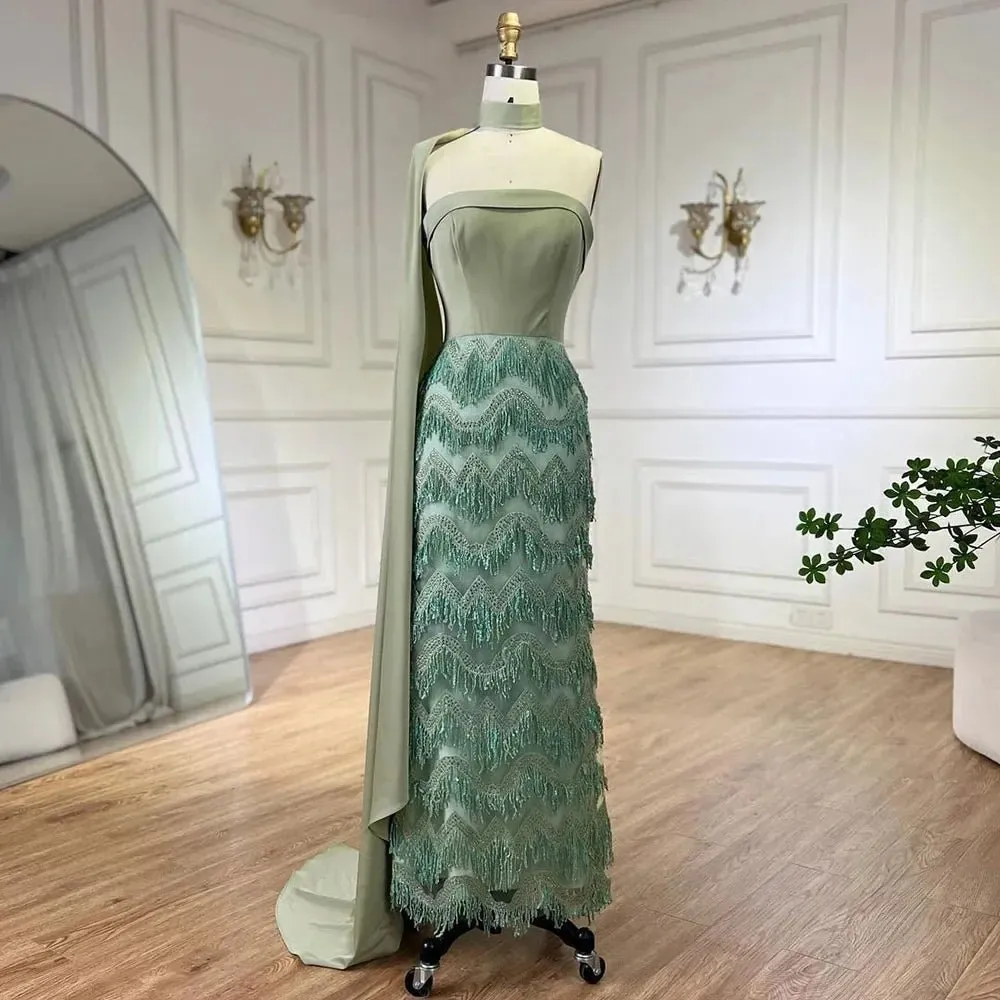 Ankle-Length Mermaid Dress with Long Cloak - A Beaded Ensemble for Women