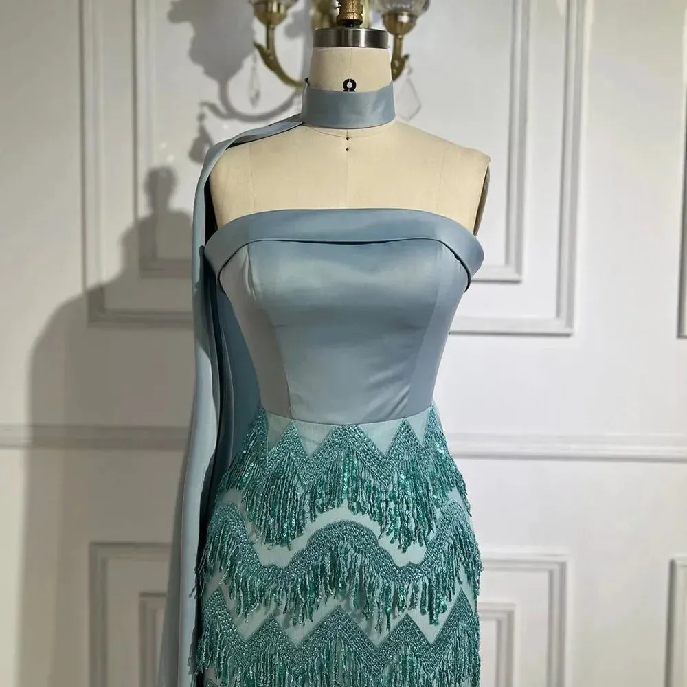Ankle-Length Mermaid Dress with Long Cloak - A Beaded Ensemble for Women