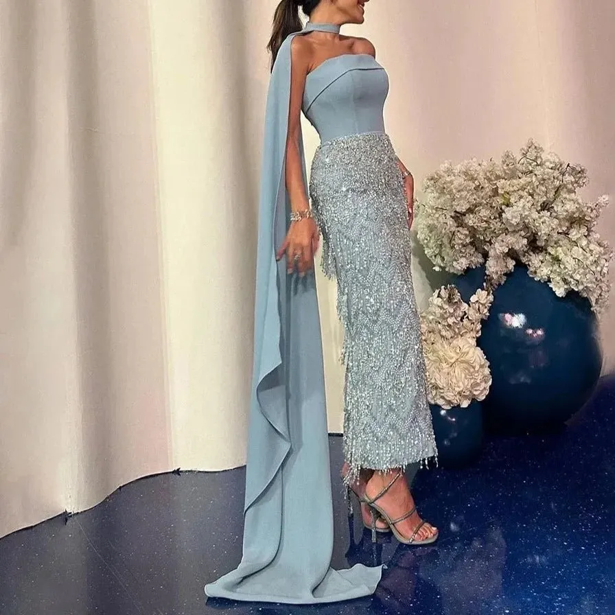 Ankle-Length Mermaid Dress with Long Cloak - A Beaded Ensemble for Women