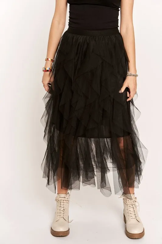 Black Ruffled Elastic Waist Midi Skirt