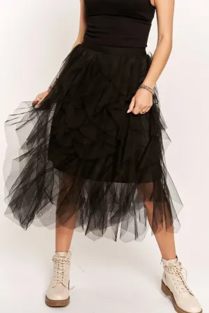 Black Ruffled Elastic Waist Midi Skirt