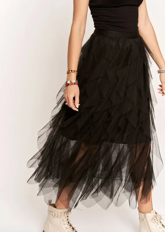 Black Ruffled Elastic Waist Midi Skirt