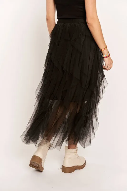 Black Ruffled Elastic Waist Midi Skirt