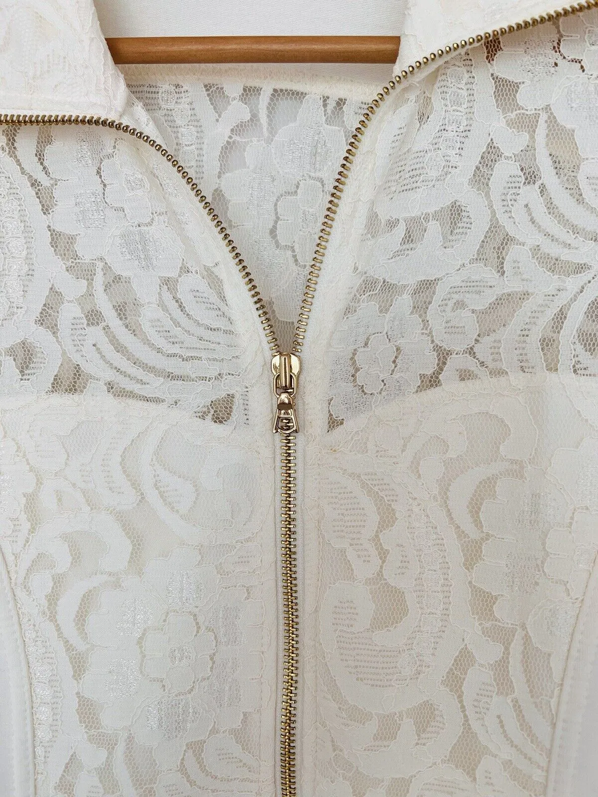 BOSTON PROPER Womens Mix Media Jacket Sz S Lace Jersey Gold Zip Ivory