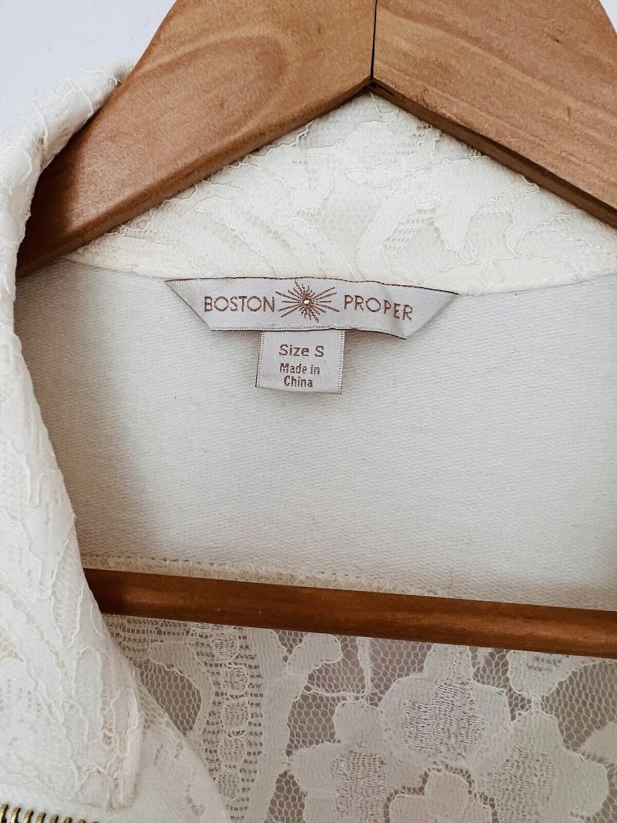 BOSTON PROPER Womens Mix Media Jacket Sz S Lace Jersey Gold Zip Ivory