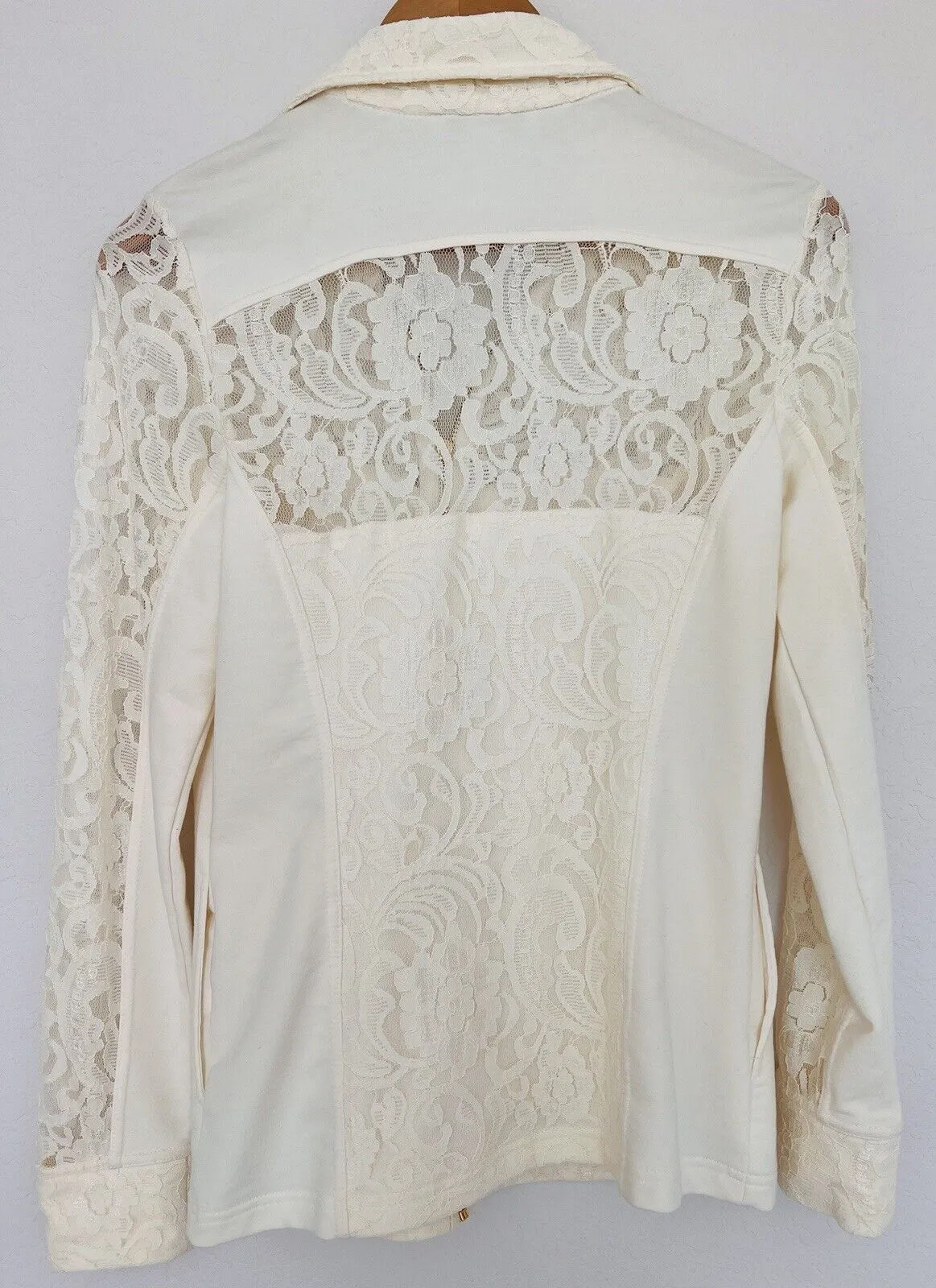 BOSTON PROPER Womens Mix Media Jacket Sz S Lace Jersey Gold Zip Ivory