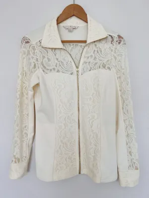 BOSTON PROPER Womens Mix Media Jacket Sz S Lace Jersey Gold Zip Ivory