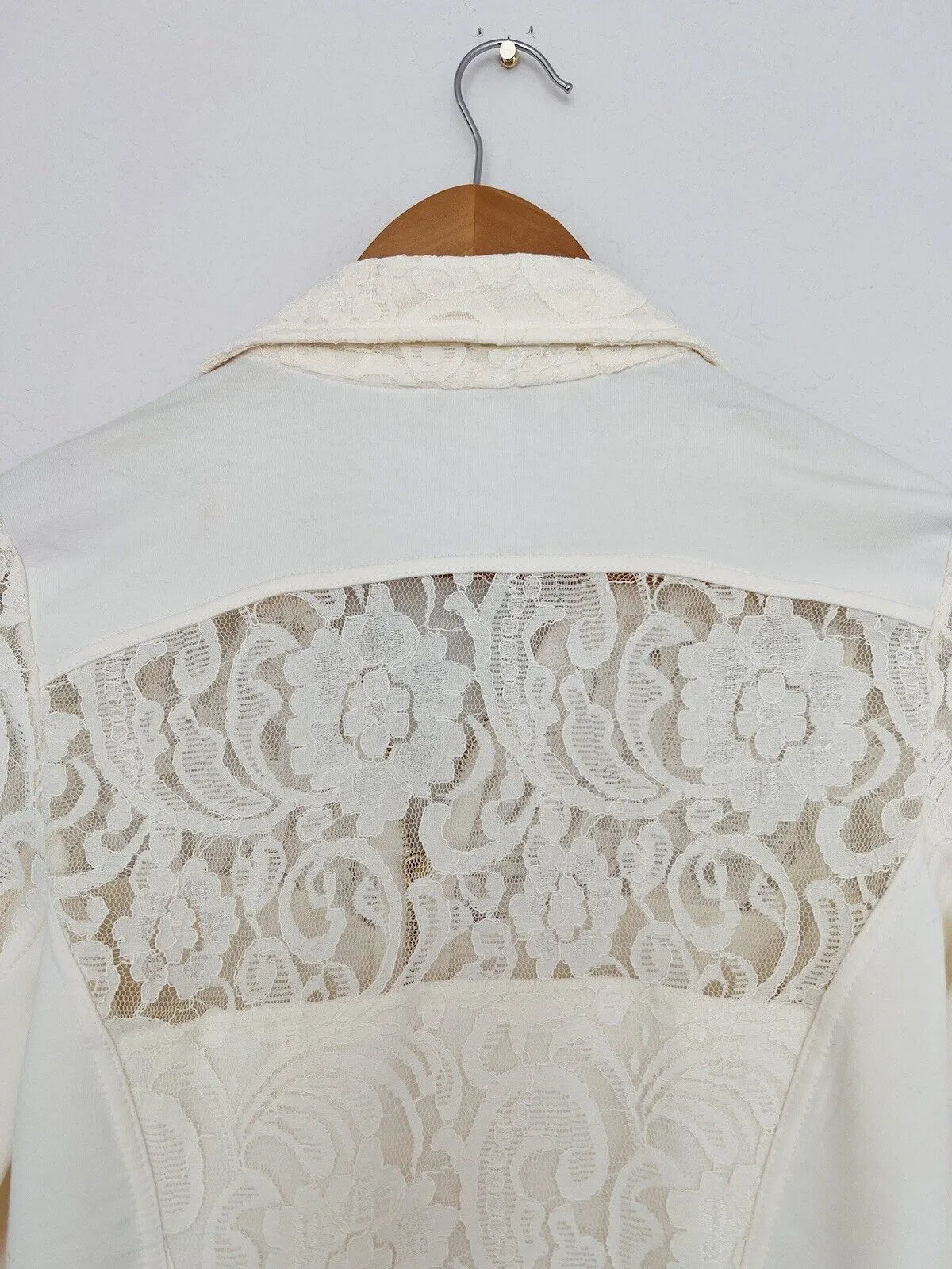 BOSTON PROPER Womens Mix Media Jacket Sz S Lace Jersey Gold Zip Ivory