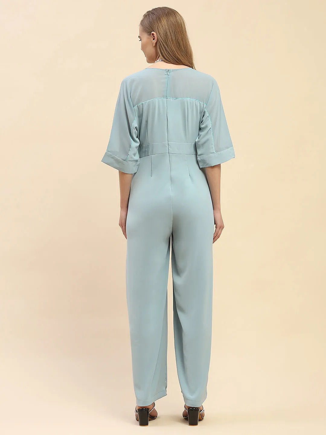 Camla Barcelona Trumpet Sleeve Powder Blue V-Neck Jumpsuit