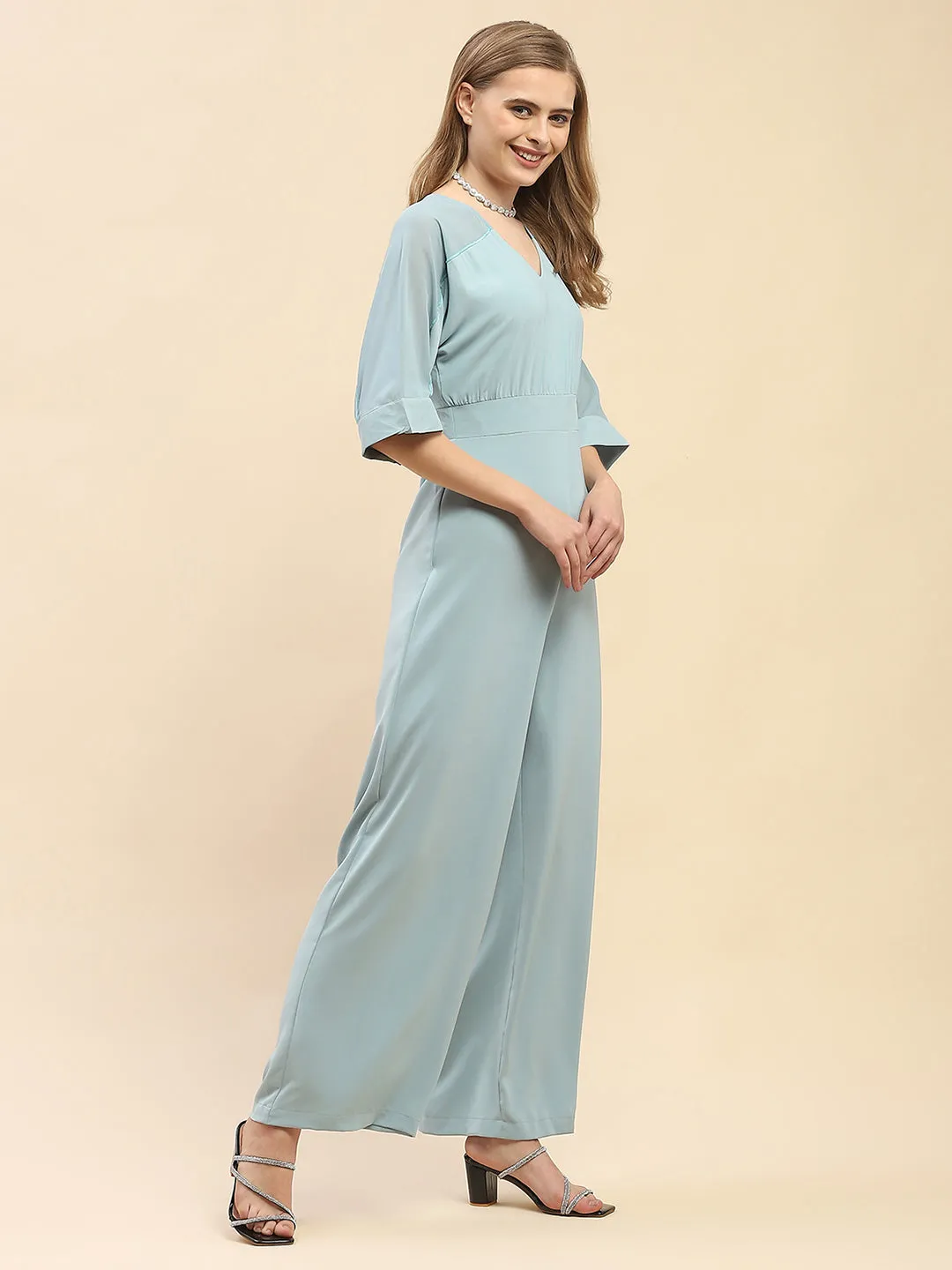 Camla Barcelona Trumpet Sleeve Powder Blue V-Neck Jumpsuit