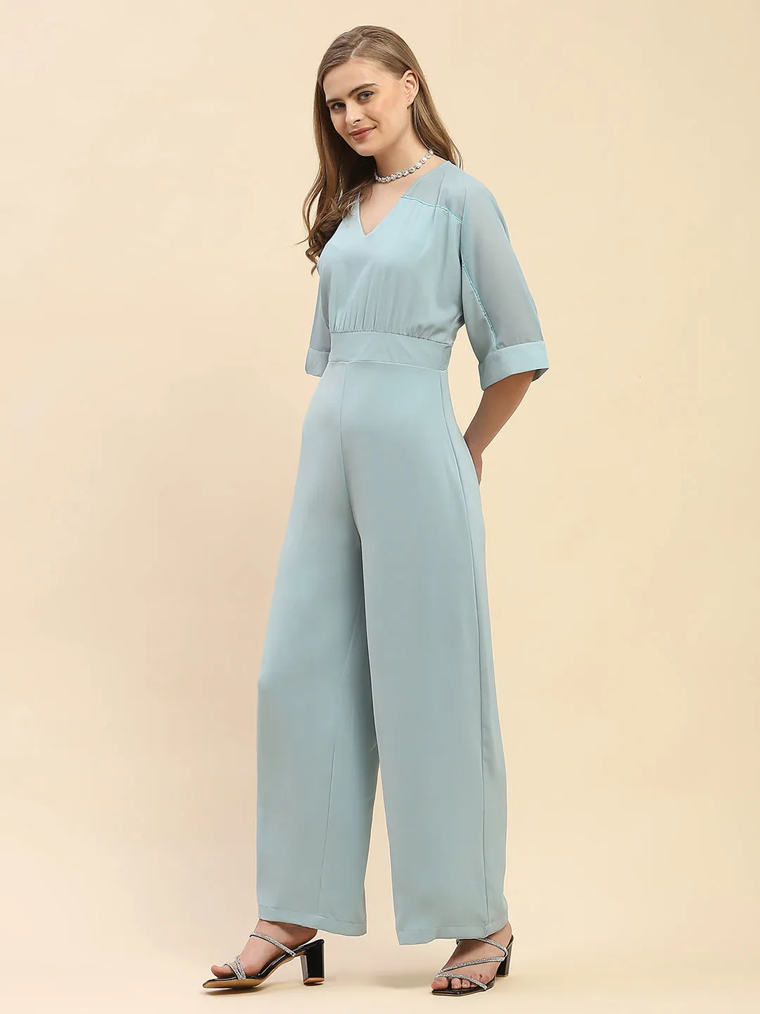 Camla Barcelona Trumpet Sleeve Powder Blue V-Neck Jumpsuit