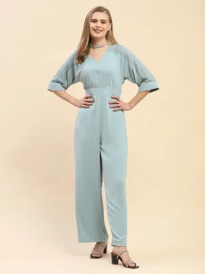 Camla Barcelona Trumpet Sleeve Powder Blue V-Neck Jumpsuit