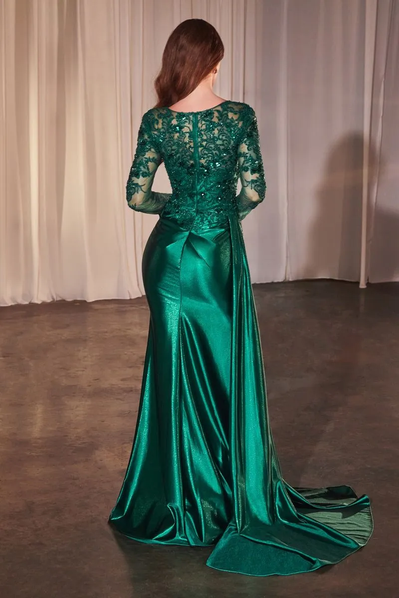 CD CDS506 - Long Sleeve Satin Fitted Gown with Intricate Lace Embellishment Deep V-Neck Leg Slit & Side Sash