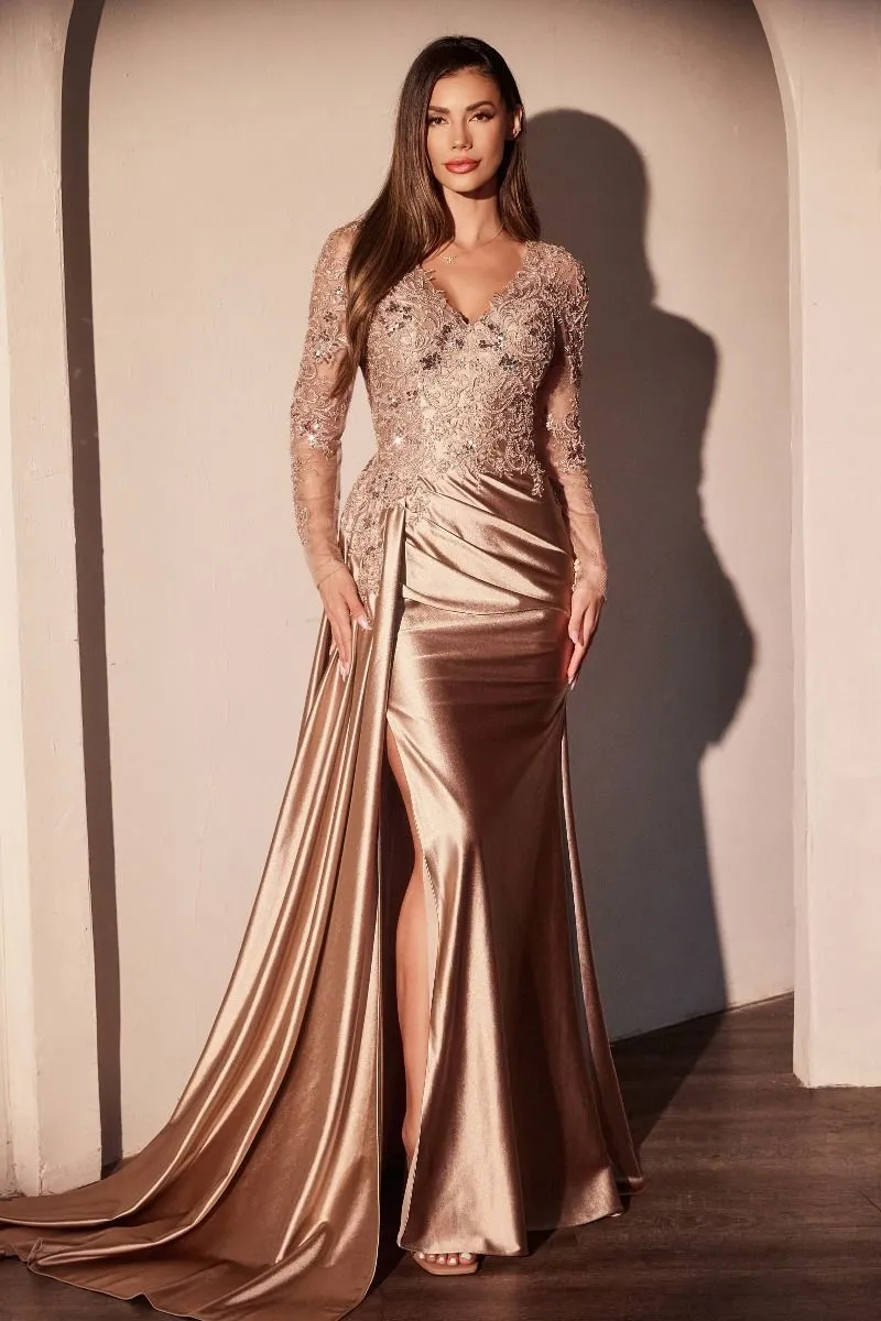 CD CDS506 - Long Sleeve Satin Fitted Gown with Intricate Lace Embellishment Deep V-Neck Leg Slit & Side Sash