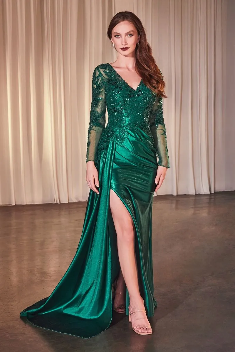 CD CDS506 - Long Sleeve Satin Fitted Gown with Intricate Lace Embellishment Deep V-Neck Leg Slit & Side Sash