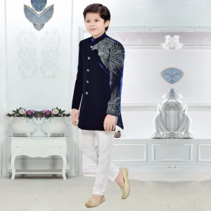 Classic Navy Blue Boys Sherwani with Crisp White Pyjama