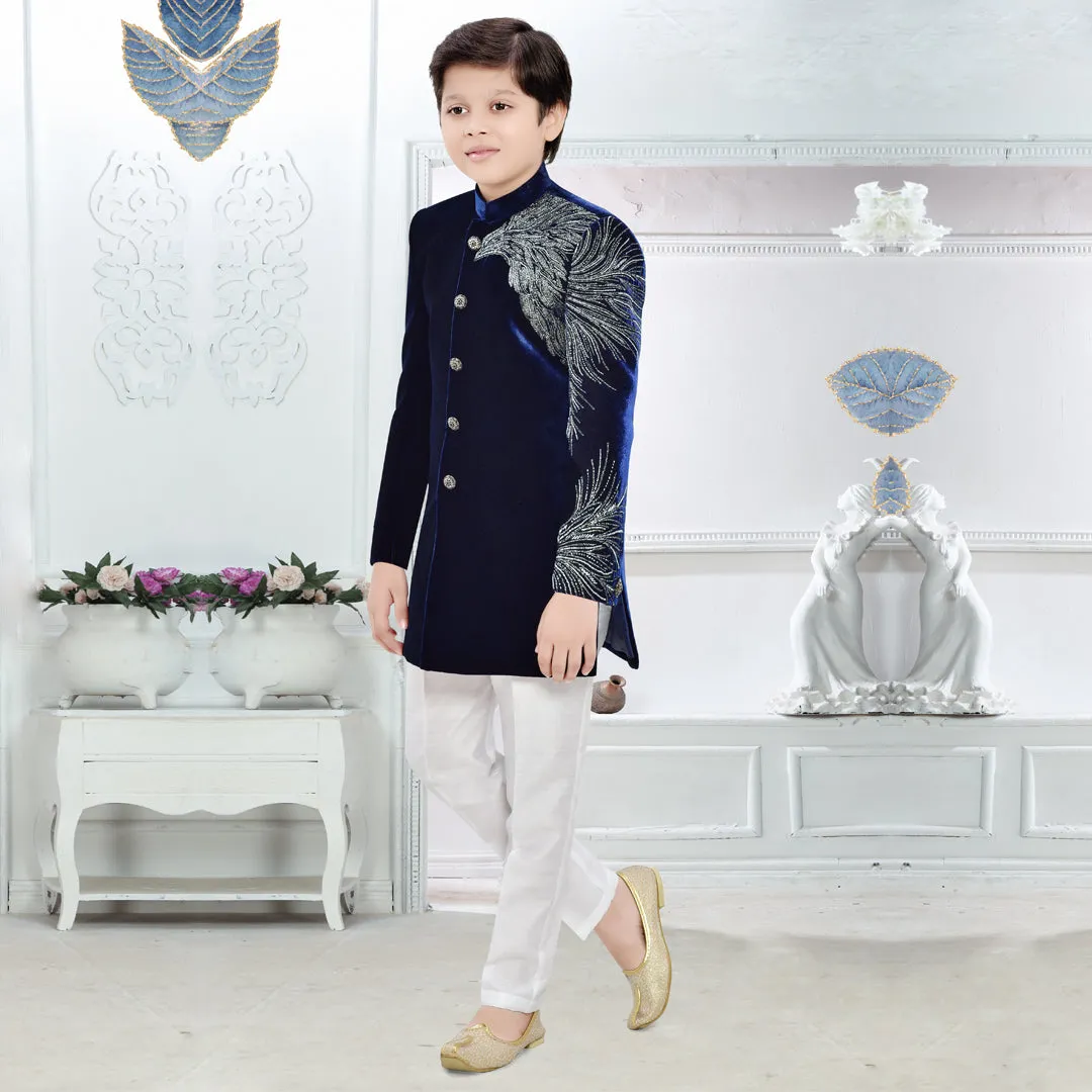 Classic Navy Blue Boys Sherwani with Crisp White Pyjama
