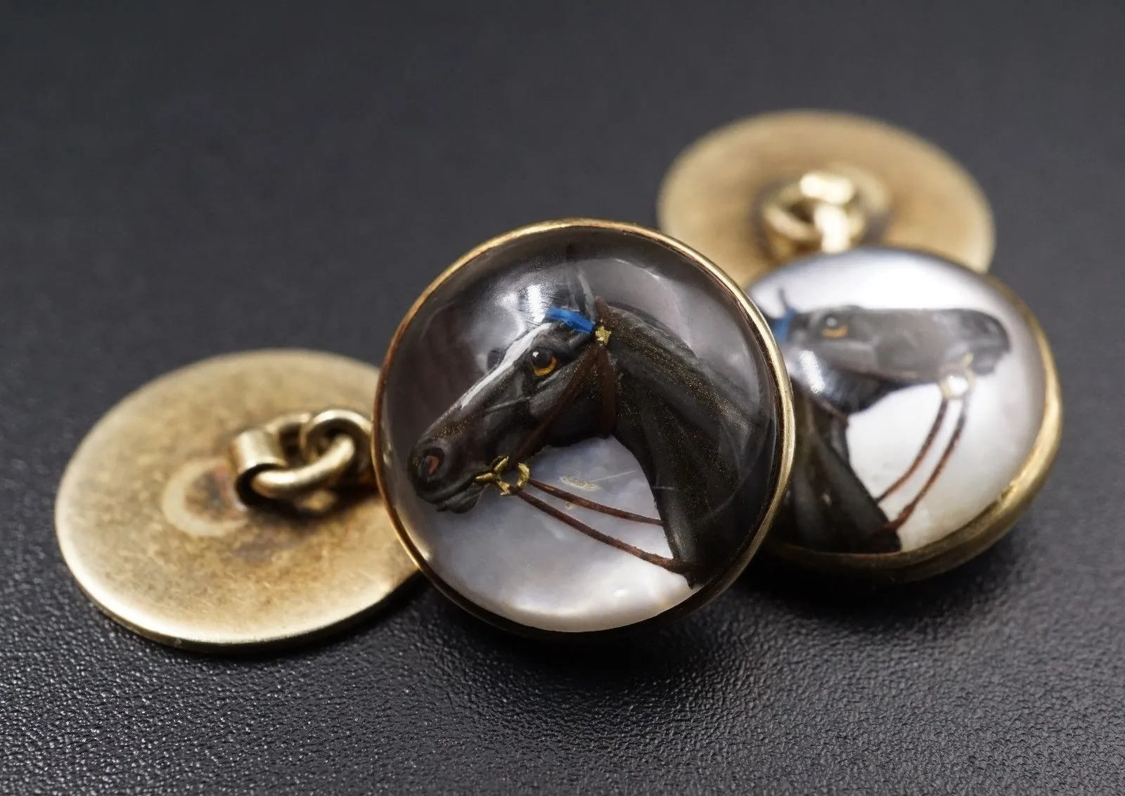 Cuff Links 14 kt Yellow Gold Reverse Intaglio Horse Head Profile c. 1930