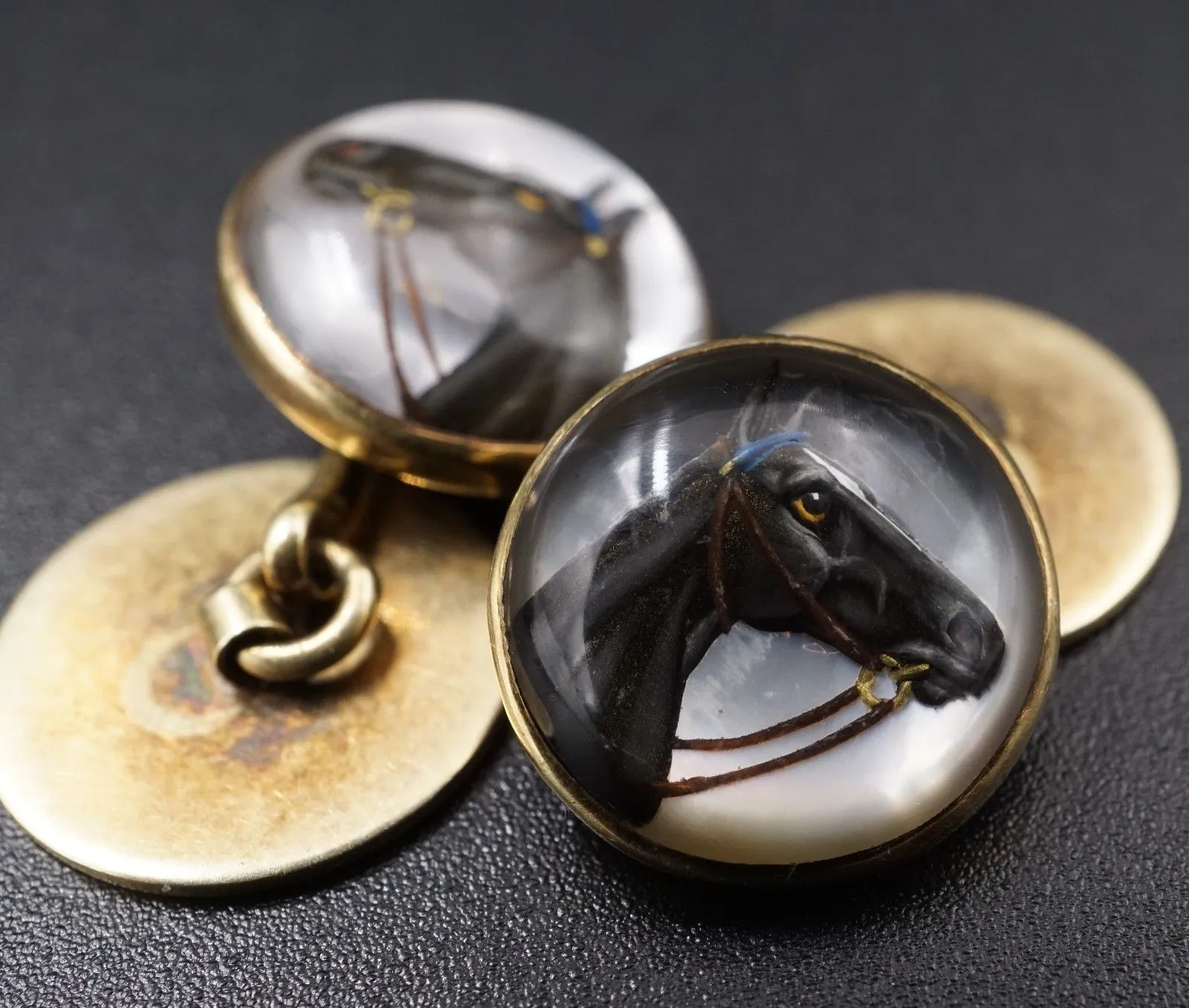 Cuff Links 14 kt Yellow Gold Reverse Intaglio Horse Head Profile c. 1930
