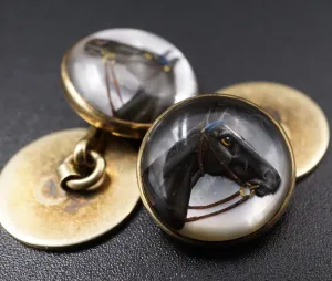 Cuff Links 14 kt Yellow Gold Reverse Intaglio Horse Head Profile c. 1930