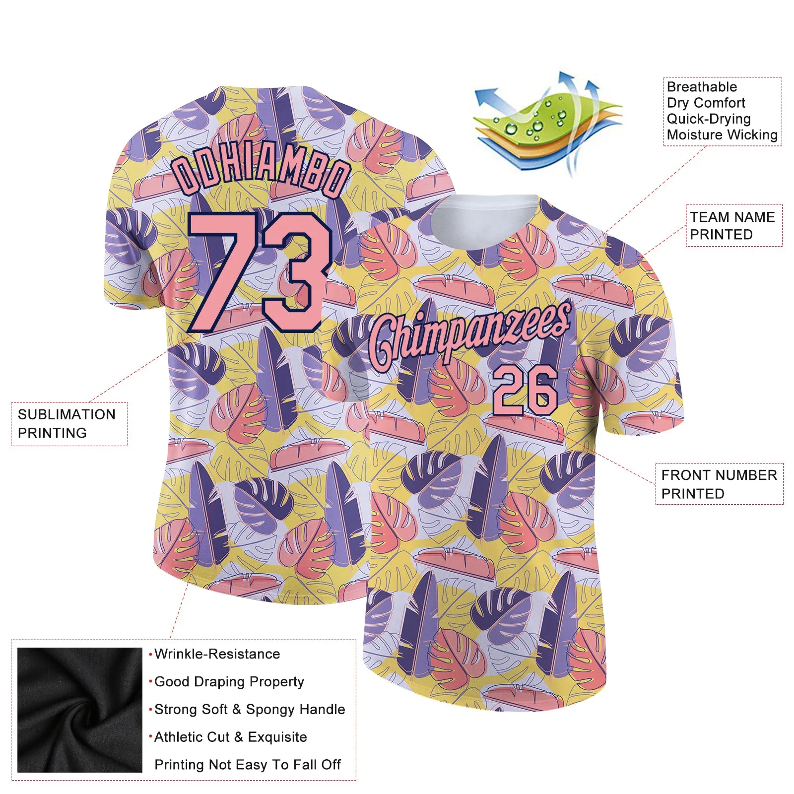Custom White Medium Pink-Navy 3D Pattern Design Hawaii Palm Leaves Performance T-Shirt
