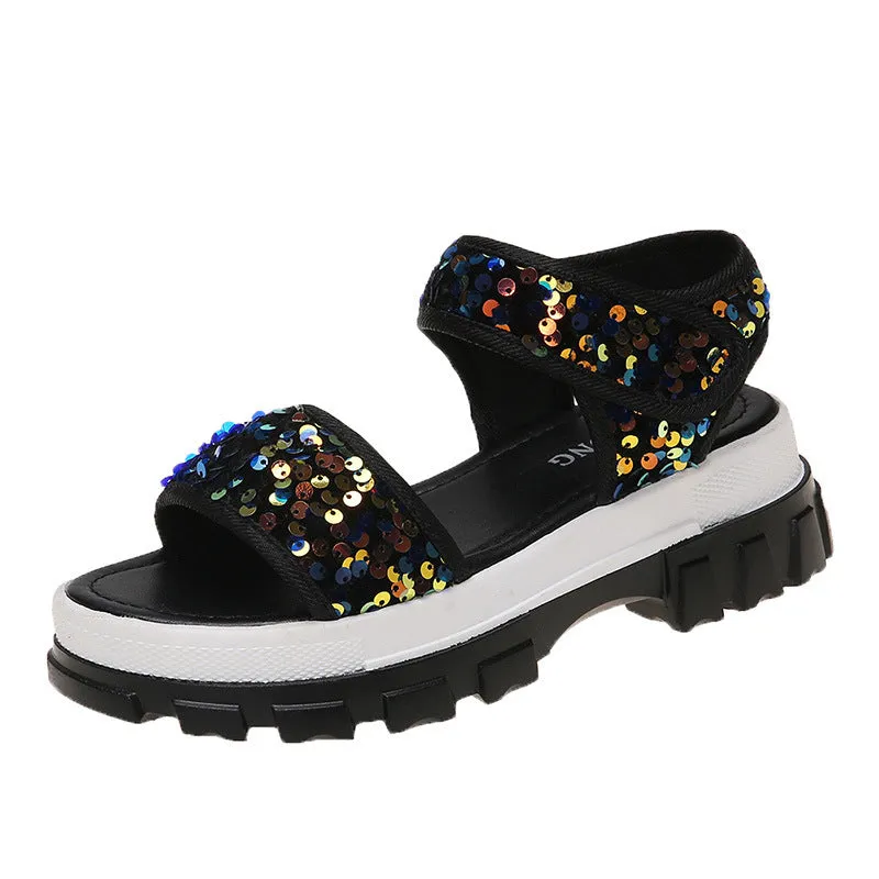 Daddy Sports Sandals Women's Sequined Sponge Cake Thick-soled Velcro Beach Sandals