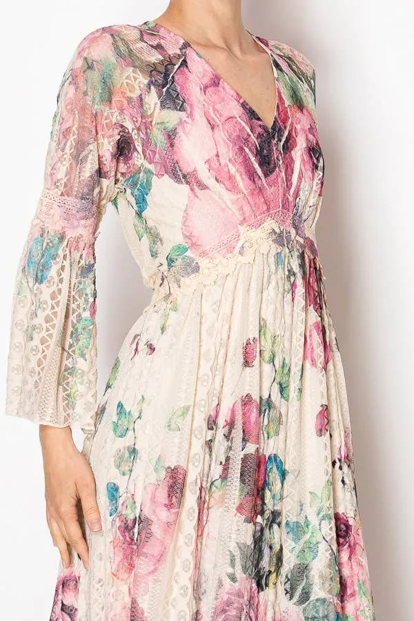Denim Big Rose Lined Lace Long Sleeve Short Dress