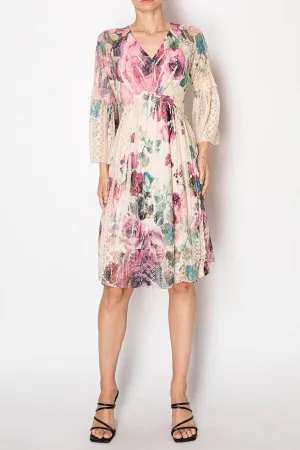 Denim Big Rose Lined Lace Long Sleeve Short Dress